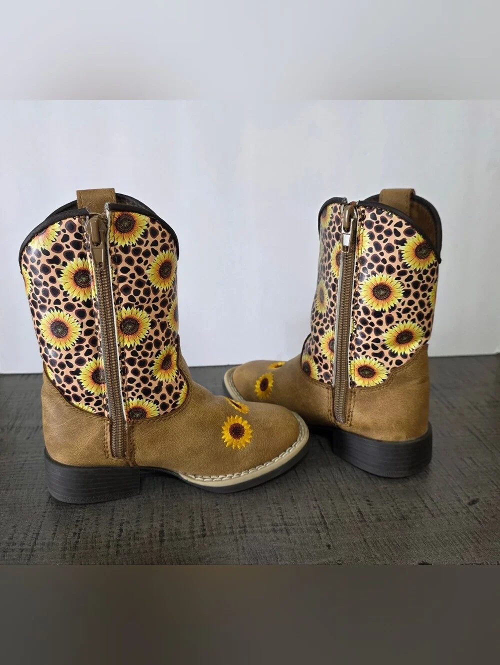 Kids Sunflower Pattern Brown Western Boots